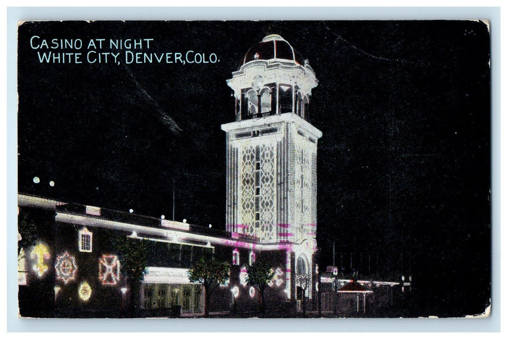 1910 Casino at Night White City, Denver Colorado CO Antique Postcard
