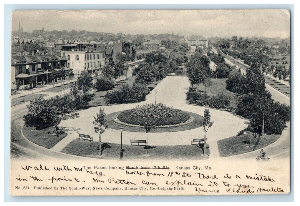 1905 Aerial View The Paseo Looking South Kansas City Missouri MO Postcard