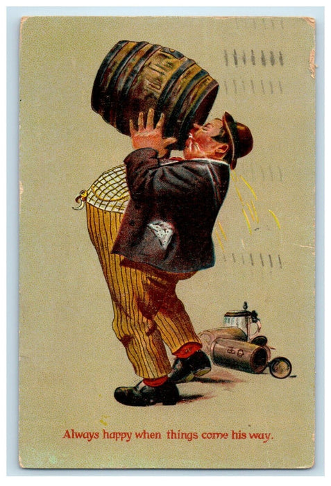 1909 Man Drinking German Drunk Keg Omaha Nebraska NE Posted Antique Postcard
