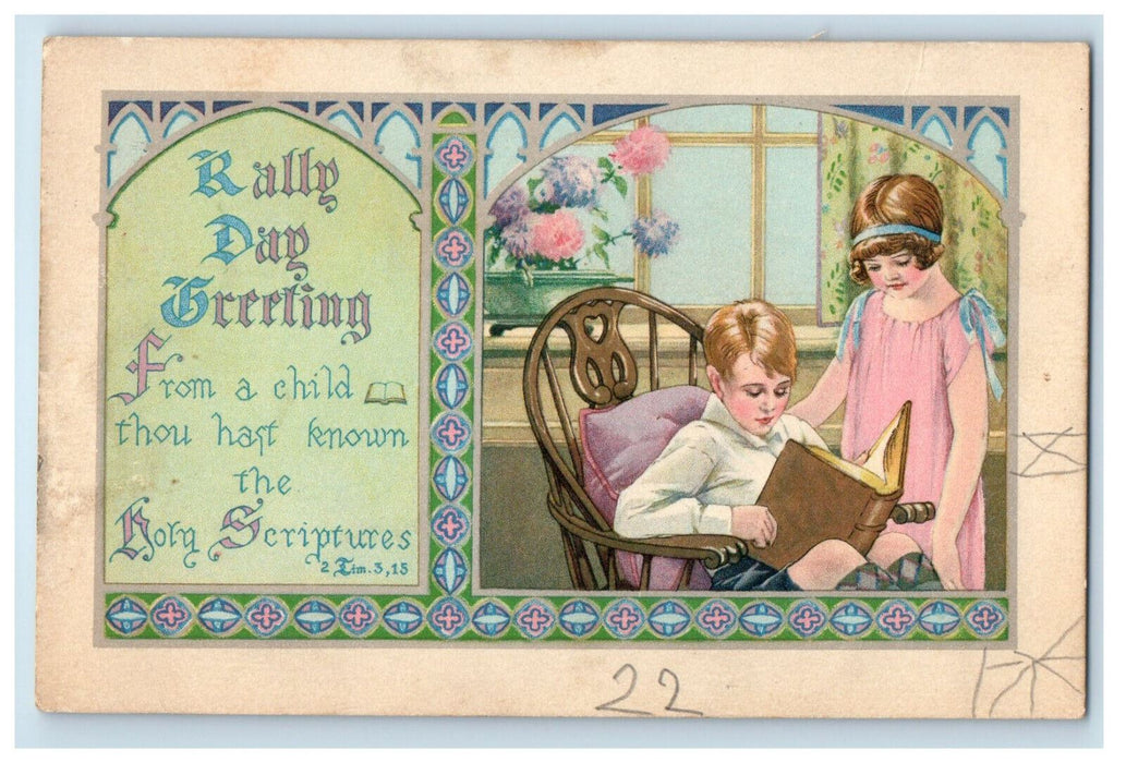 1929 Rally Day Greeting, Reading Holy Scriptures, VA Advertising Postcard