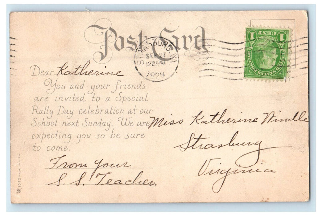 1929 Rally Day Greeting, Reading Holy Scriptures, VA Advertising Postcard