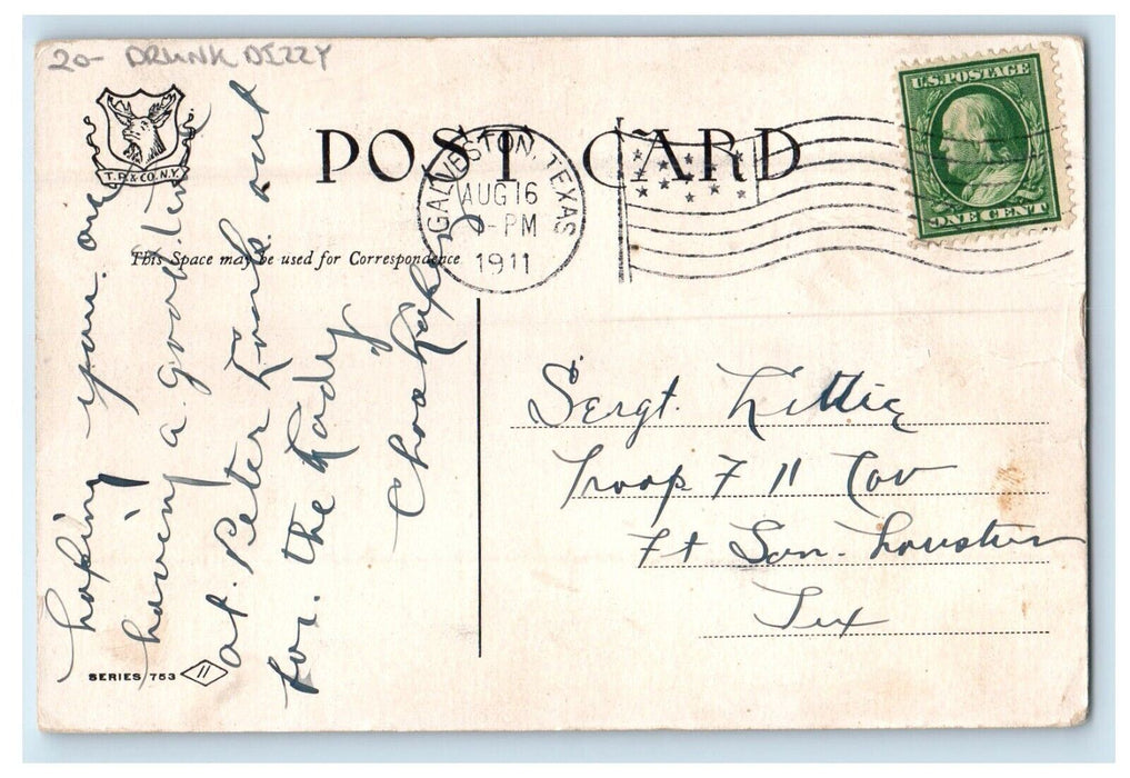 1911 Man Drunk Dizzy Poor Sailors Clock Galveston Texas TX Antique Postcard