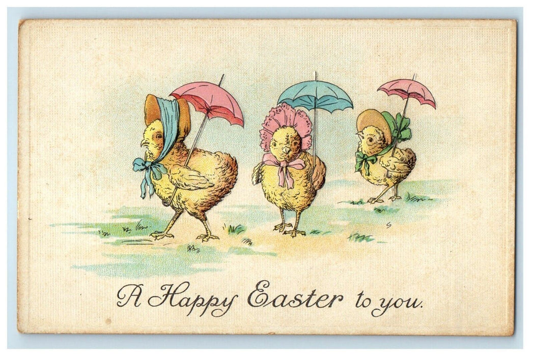 c1910's Happy Easter Greetings Three Chicks Umbrella Embossed Antique Postcard