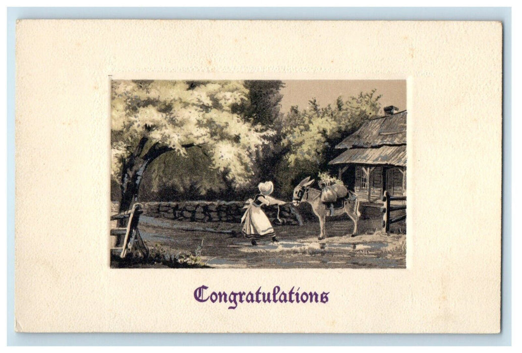 c1910's Easter Girl Pulling Donkey Barn Congratulations Germany Postcard