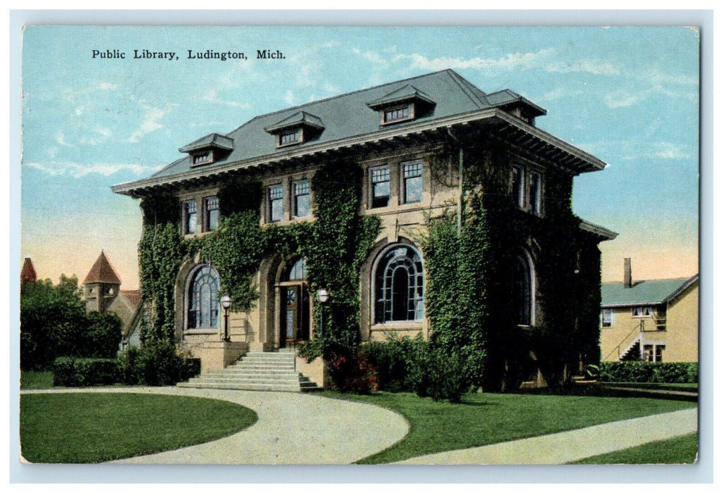 1927 Public Library Ludington Michigan MI Posted Vintage Postcard