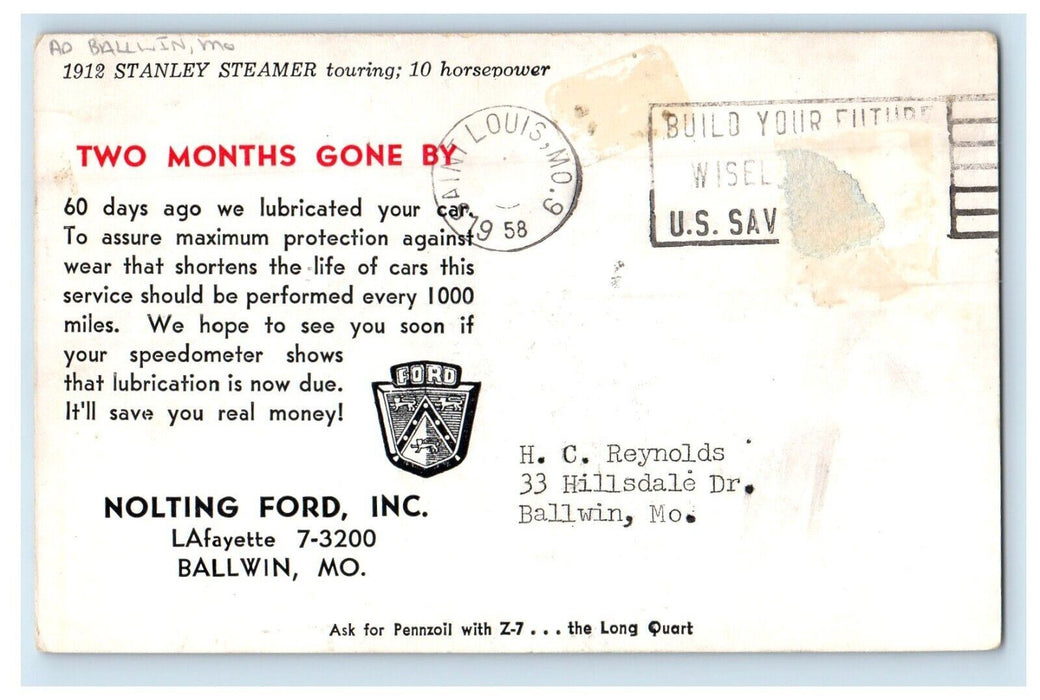 1958 Stanley Steamer Touring Nolting Ford Inc. Advertising Ballwin MO Postcard