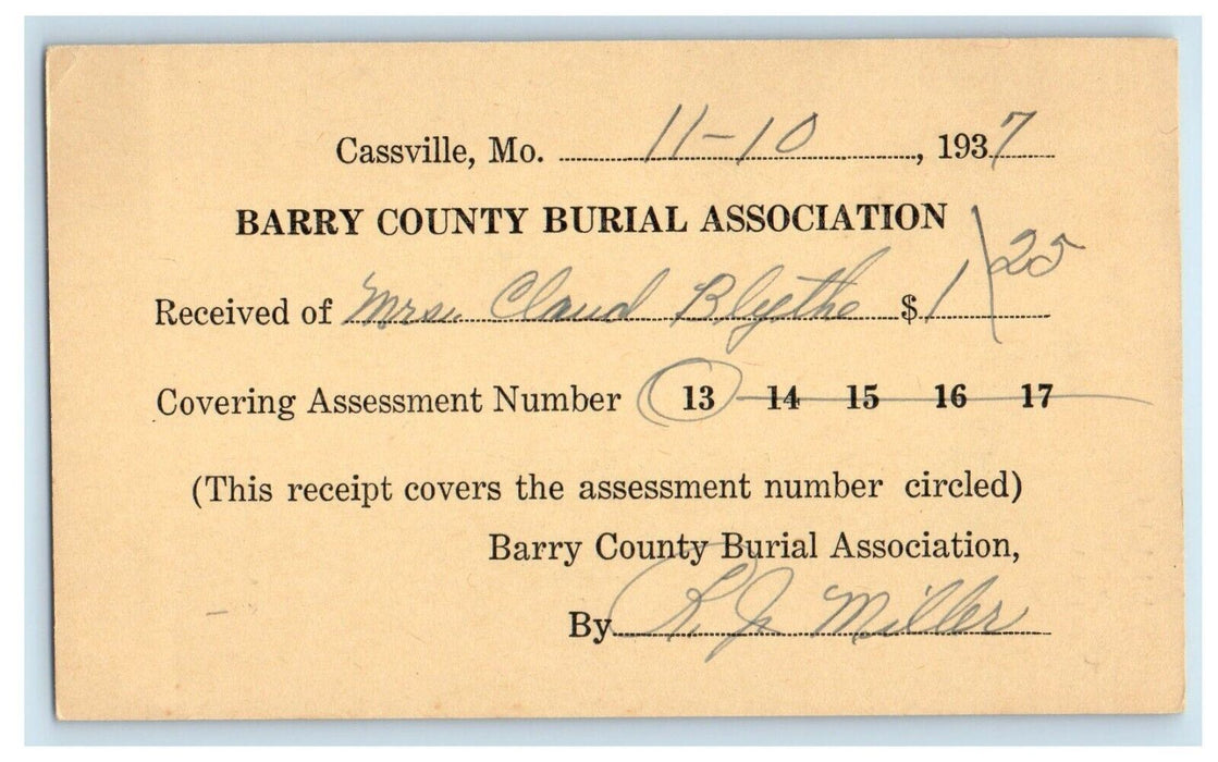 1937 Barry County Burial Association Advertising Cassville Missouri MO Postcard