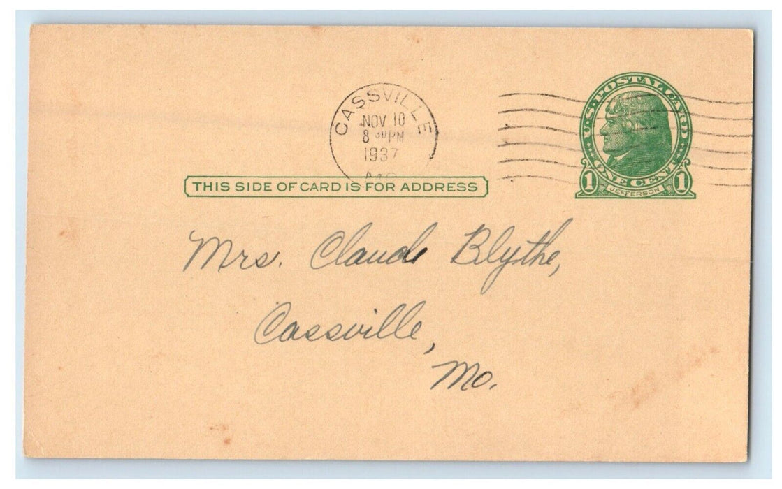 1937 Barry County Burial Association Advertising Cassville Missouri MO Postcard