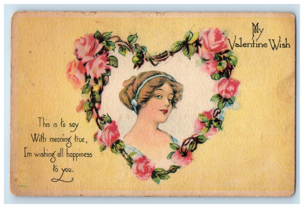 1922 Valentine Victorian Girl In Big Heart Pink Flowers Woodstock VA Postcard