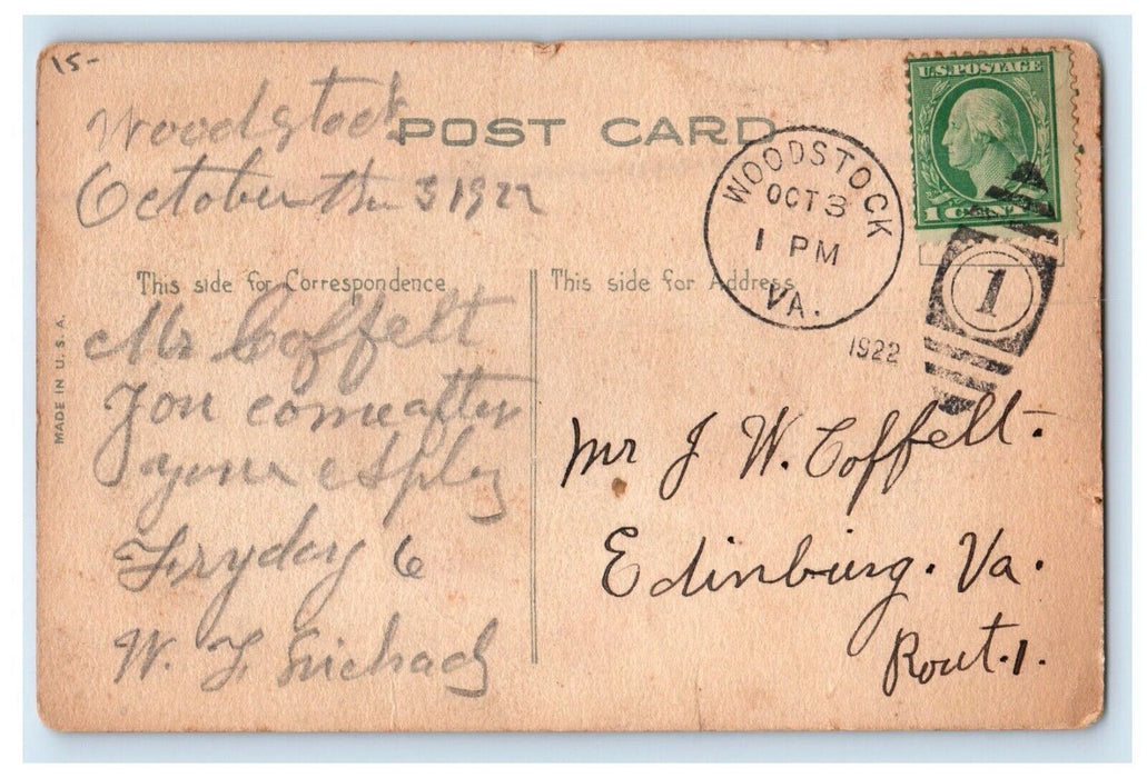 1922 Valentine Victorian Girl In Big Heart Pink Flowers Woodstock VA Postcard