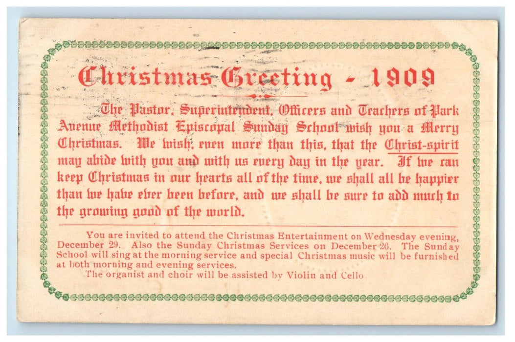 1909 Christmas Greetings Sunday School New York NY Advertising Posted Postcard