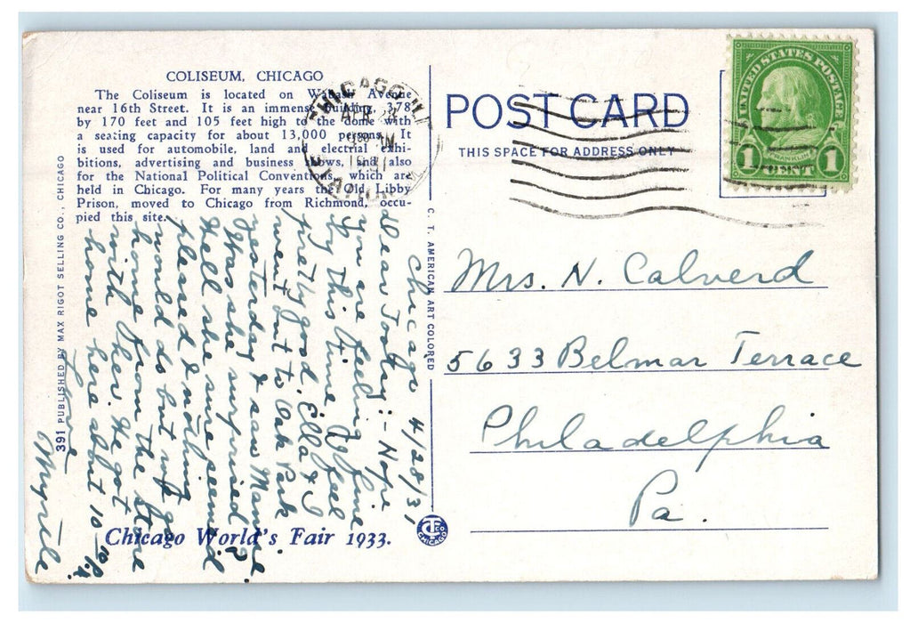 1931 Road Scene, Coliseum in Chicago Illinois IL Posted Vintage Postcard