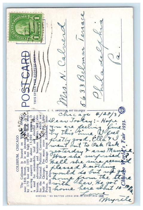 1931 Road Scene, Coliseum in Chicago Illinois IL Posted Vintage Postcard