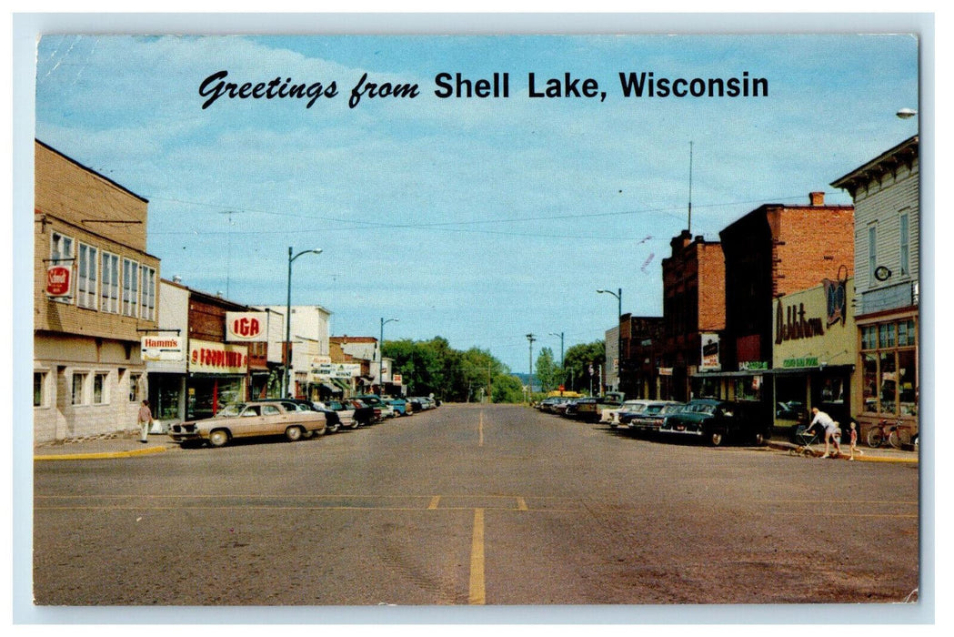 c1950s Road and Cars Scene, Greetings from Shell Lake WI Posted Vintage Postcard