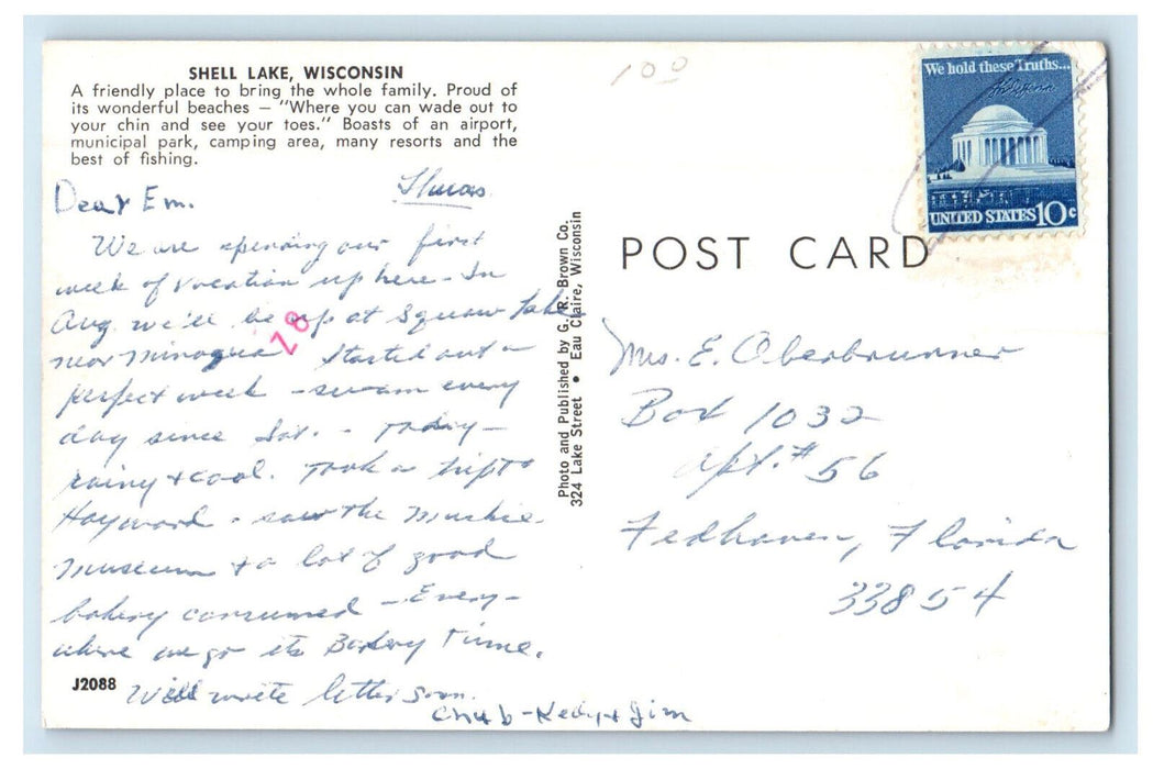 c1950s Road and Cars Scene, Greetings from Shell Lake WI Posted Vintage Postcard