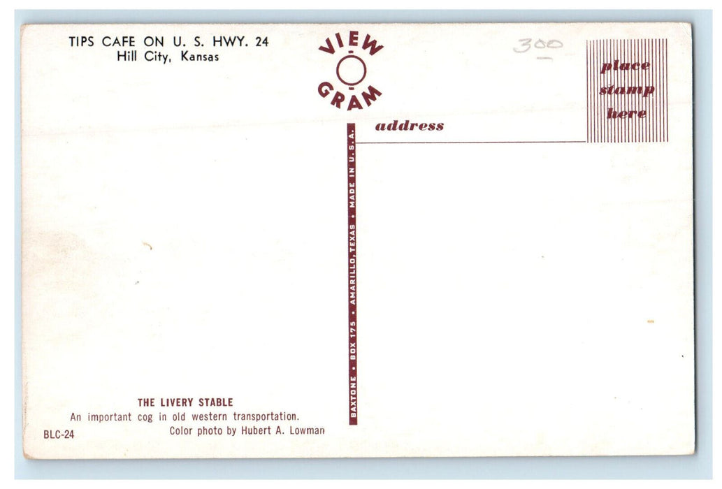 c1960s The Livery Stable Tips Cafe on US Hwy. 24 Hill City Kansas KS Postcard