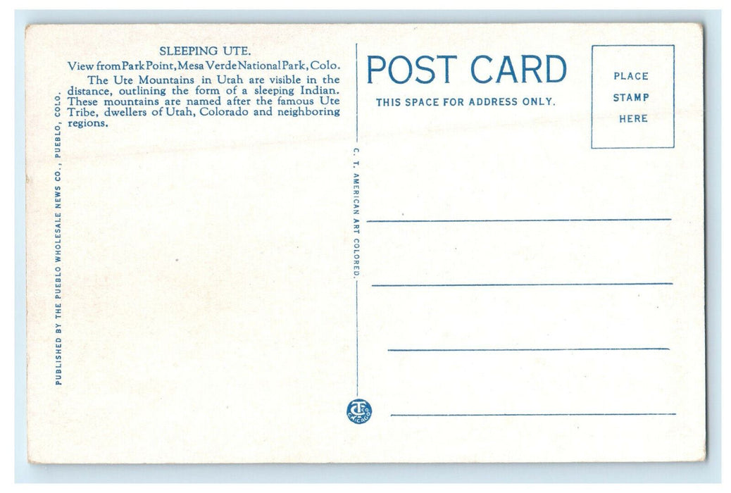 c1940s "The Sleeping UTE" Mesa Verde national Park Colorado CO Unposted Postcard