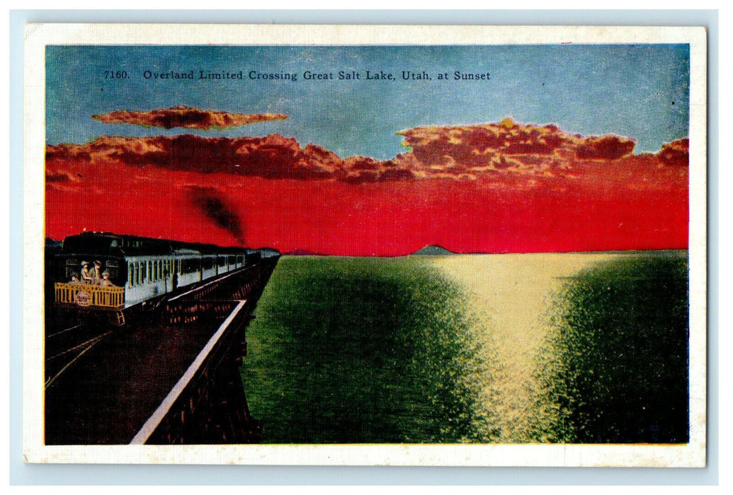 Overland Limited Train Crossing Great Salt Lake Utah UT at Sunset Postcard