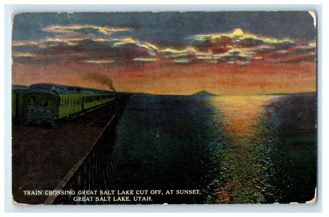 c1910s Train Crossing Great Salt Lake, Utah UT at Sunset Unposted Postcard