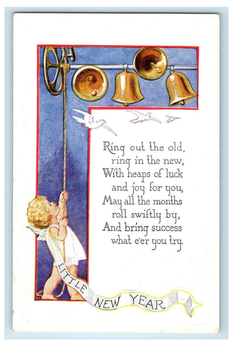 c1910's New Year Angel Cherub Ring Bells Embossed Unposted Antique Postcard