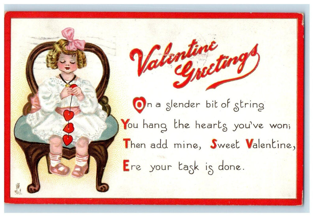 1912 Valentine Greetings Girl Sitting Chair Hearts Poem Embossed Tuck's Postcard