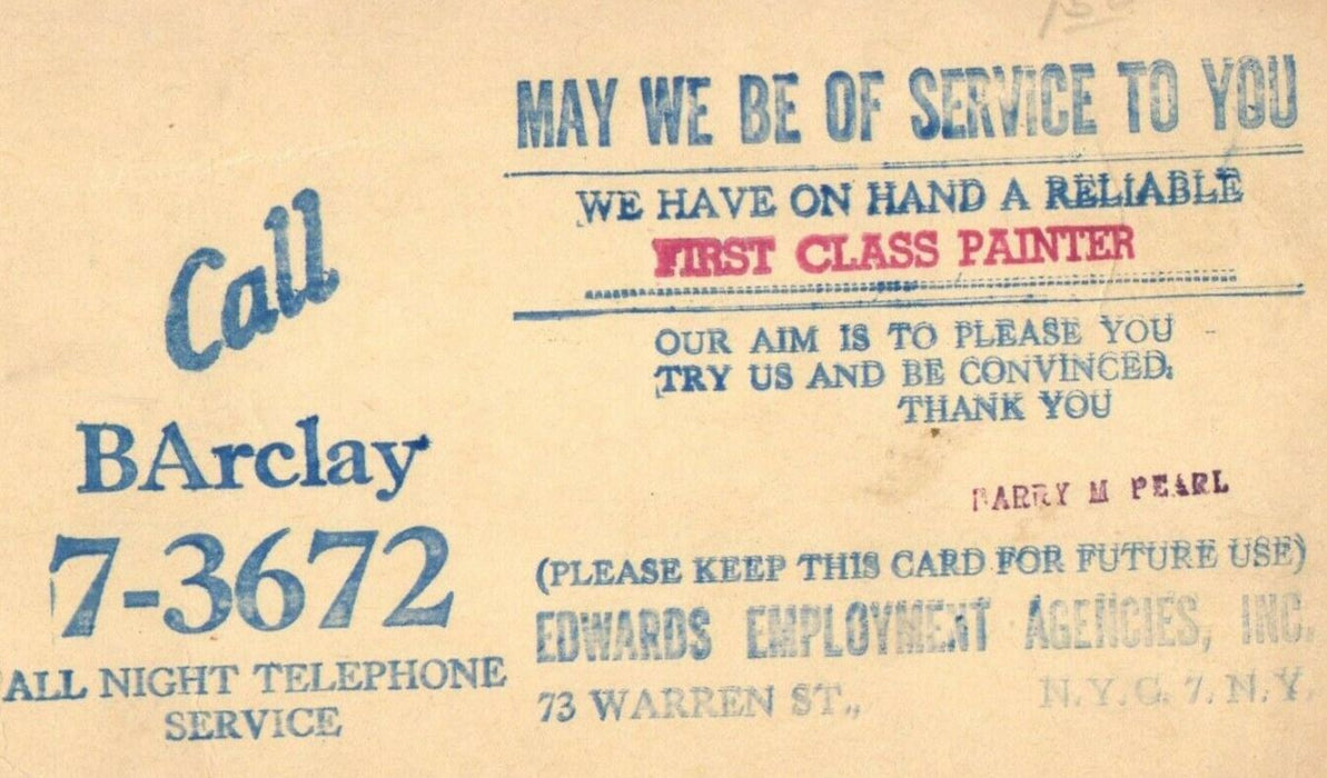 First Class Painter Edwards Employment Agencies Bronx NY Advertising Postcard