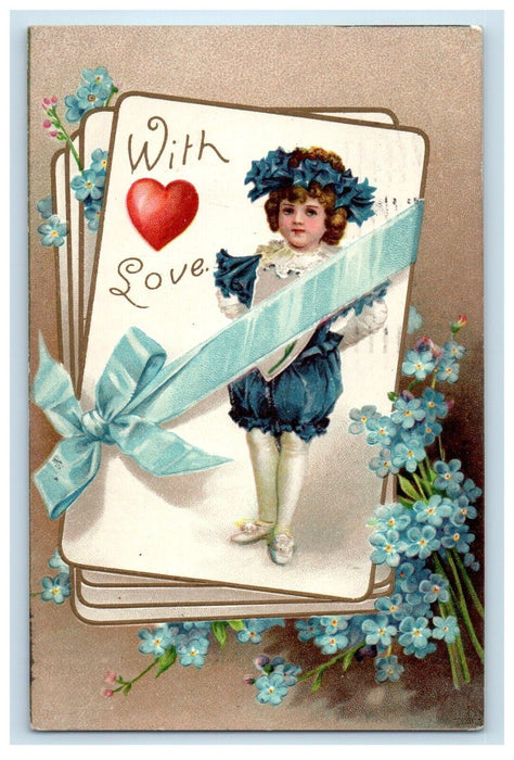 1907 Valentine With Love Clapsaddle (?) Little Girl Heart Flowers Postcard