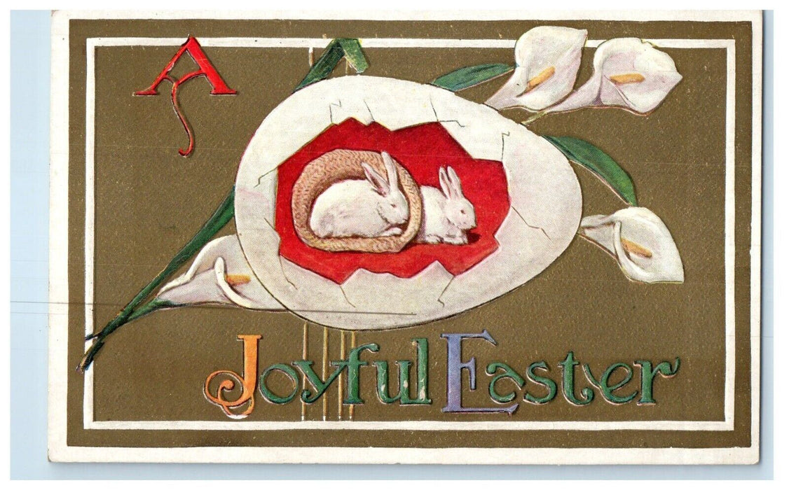 c1910's Joyful Easter Hatched Egg Bunny Rabbits Flowers Embossed Postcard