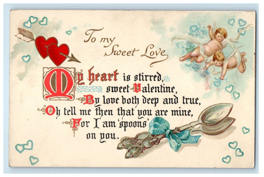 1905 Valentine Poem Angels Cherub Floating Hearts And Spoon Antique Postcard