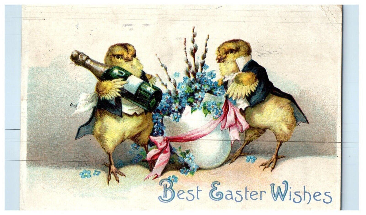Easter Anthropomorph Chicks Wine Clapsaddle (?) Hatched Egg Flowers Postcard