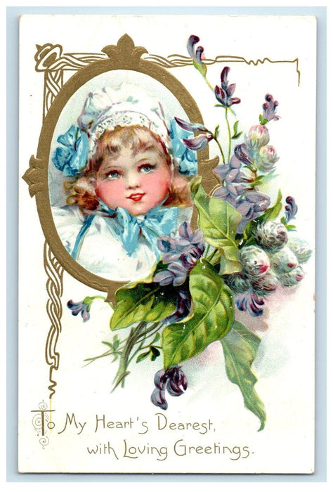 c1910's Valentine Loving Greetings Cute Little Girl Embossed Tuck's Postcard