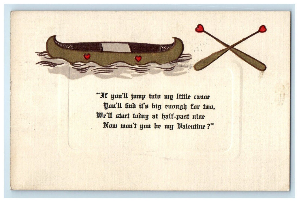 1912 Valentine Poem Canoe Paddle Heart Embossed Greenburg PA Antique Postcard