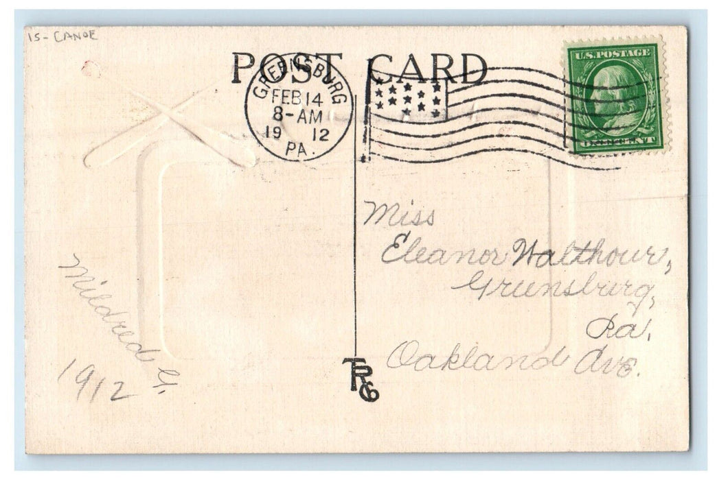 1912 Valentine Poem Canoe Paddle Heart Embossed Greenburg PA Antique Postcard
