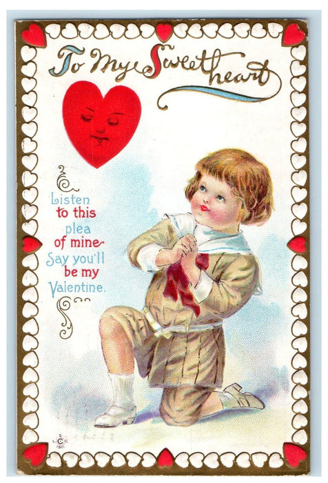 1912 Valentine Little Boy Bended Knee Hearts Embossed Wilkes-Barre PA Postcard