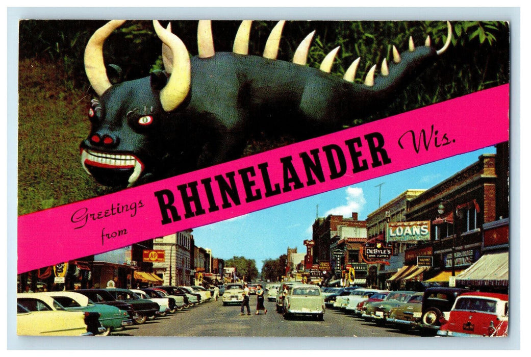 1959 Rhinelander and Car Greetings from Rhinelander Wisconsin WI Postcard