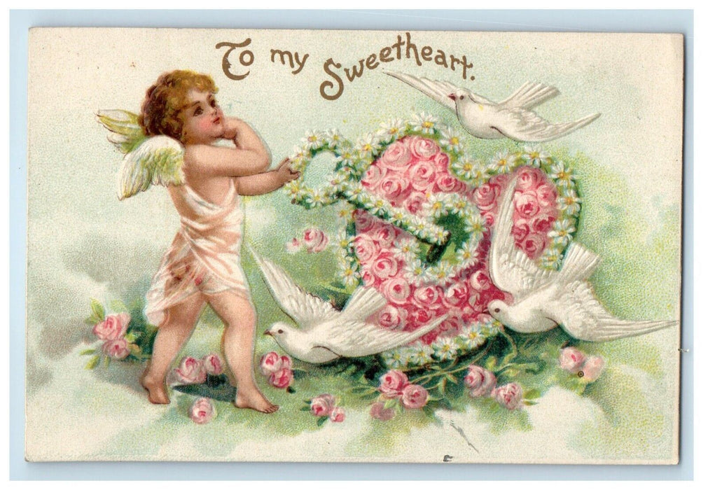 Valentine Angel Cherub Clapsaddle (?) Bare Butt Key Heart Flowers Dove Postcard