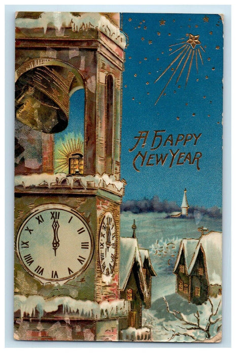 c1910's New Year Tower Clock Bell Snow Winter House Gel Gold Gilt Postcard