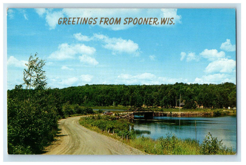 c1960s Scene of Road and River, Greetings from Spooner WI Vintage Postcard