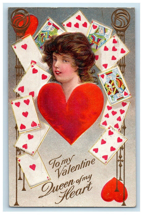1910 Valentine Girl Playing Cards Queen Of My Heart Embossed Antique Postcard