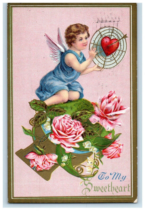 1912 Valentine Cupid Angel Heart Pink Roses Embossed Posted Antique Postcard