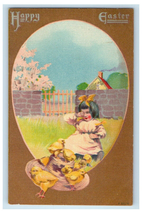c1905 Happy Easter Giant Egg Little Girl Crying Hat Chicks Rotograph Postcard