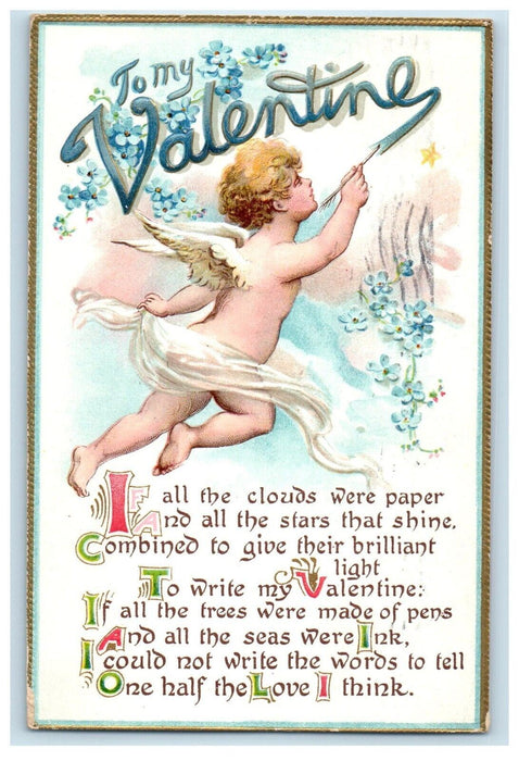 c1910's Valentine Cupid Cherub Floating Poem Pansies Flowers Embossed Postcard