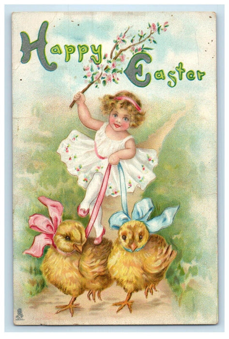 1913 Easter Greetings Little Girl With Two Chicks Embossed Tuck's Postcard