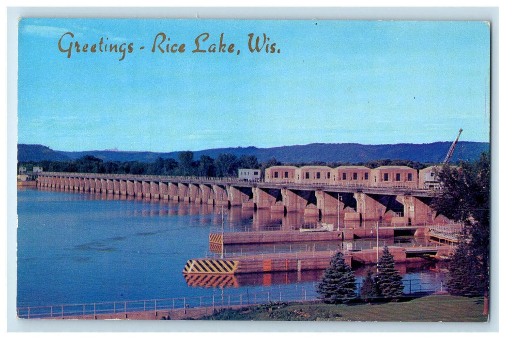 c1950s Federal Dam, Greetings from Rice Lake Wisconsin WI Unposted Postcard