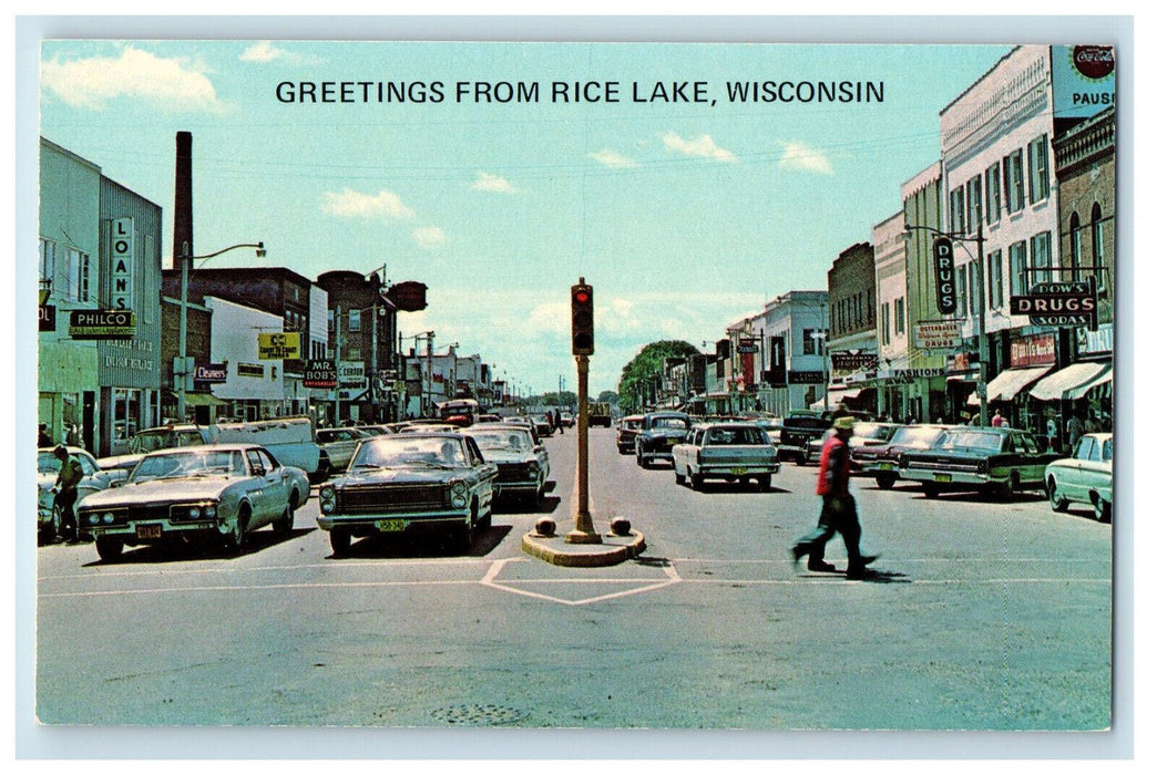 c1960s Cars and Pedestrian Greetings from Rice Lake Wisconsin WI Postcard