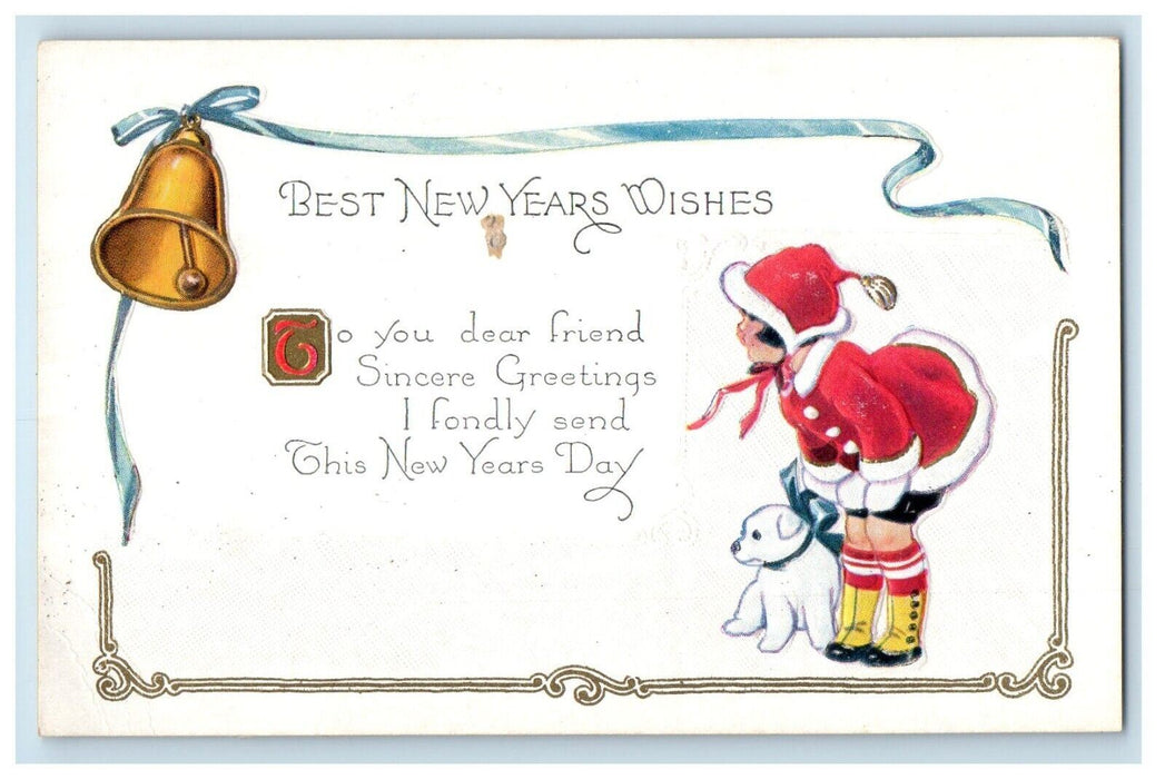 c1910's New Year Greetings Girl Santa Claus Dog Bell Embossed Antique Postcard