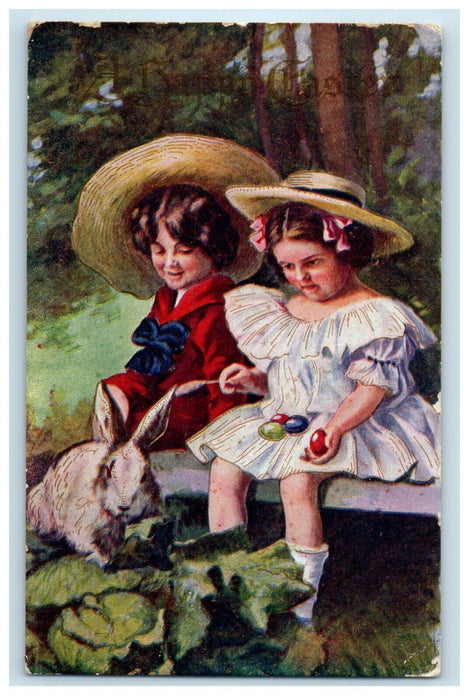 1910 Easter Eggs Boy And Girl Big Hat Bunny Rabbit Embossed Antique Postcard