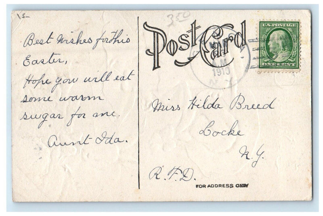 1910 Easter Eggs Boy And Girl Big Hat Bunny Rabbit Embossed Antique Postcard