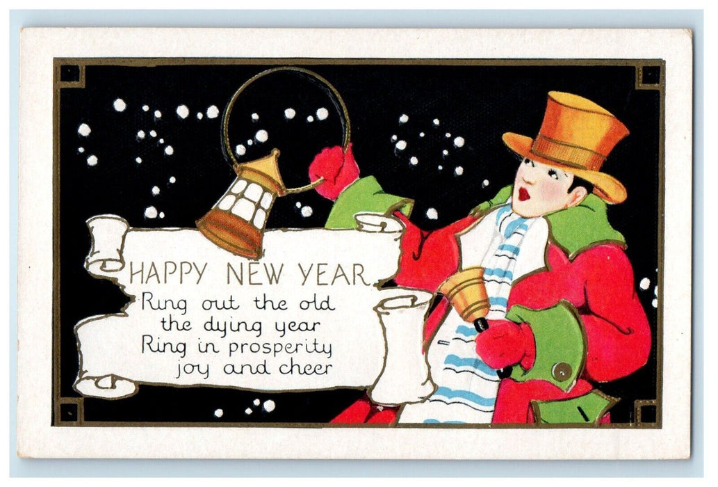 c1910's Happy New Year Greetings Girl Ring Bell And Lamp Antique Postcard