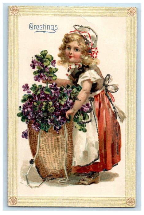 c1910's Greetings Pretty Girl Apron Flowers Basket Embossed Germany Postcard